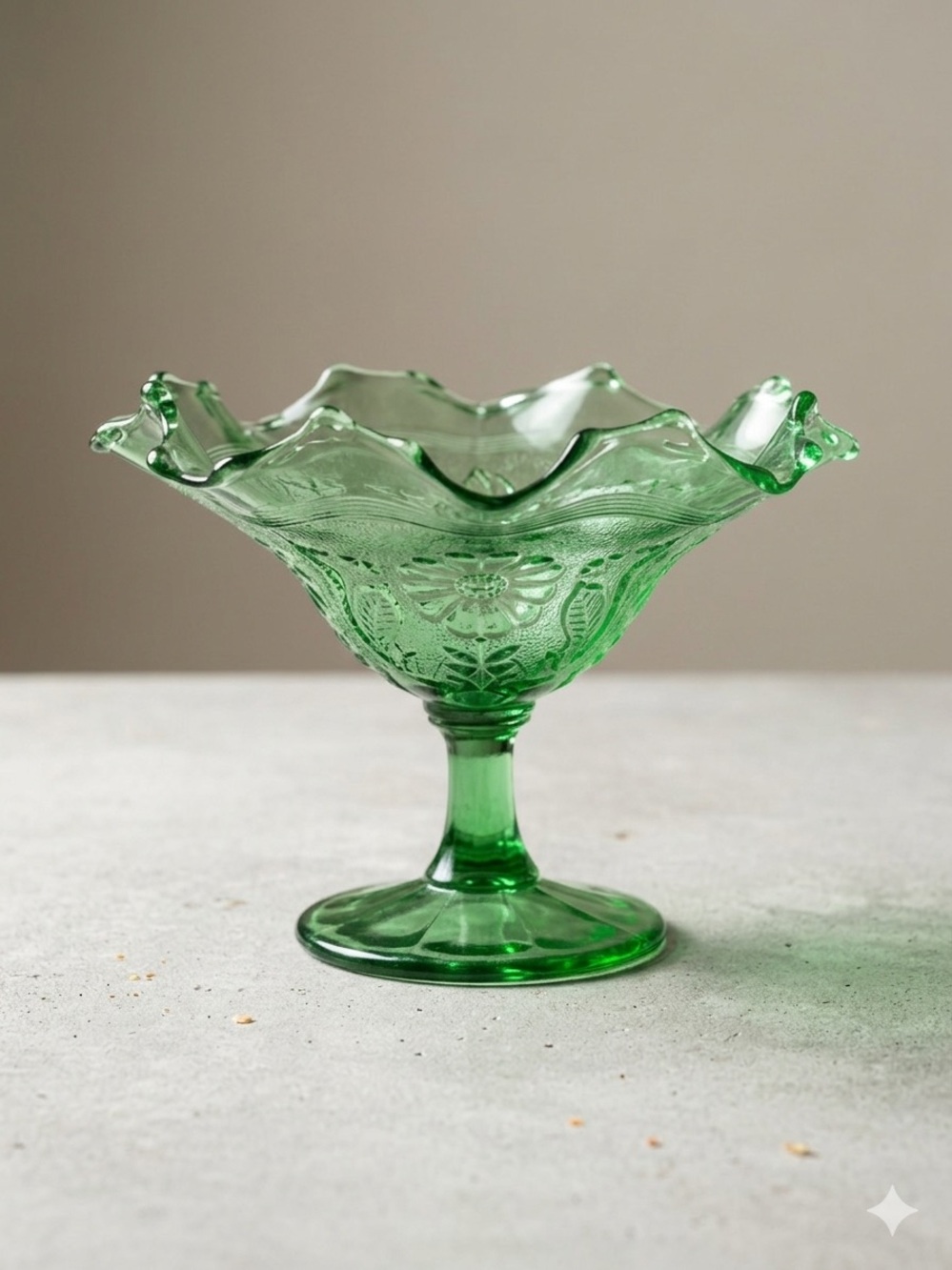 Vintage Green Floral Depression Glass Footed Candy Dish / Compote